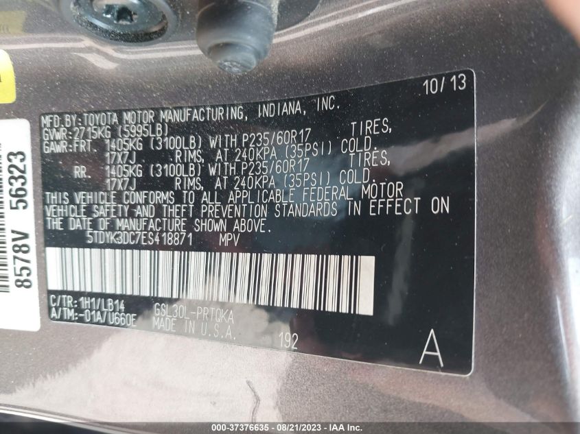 2014 TOYOTA SIENNA XLE/XLE AAS/LTD - 5TDYK3DC7ES418871