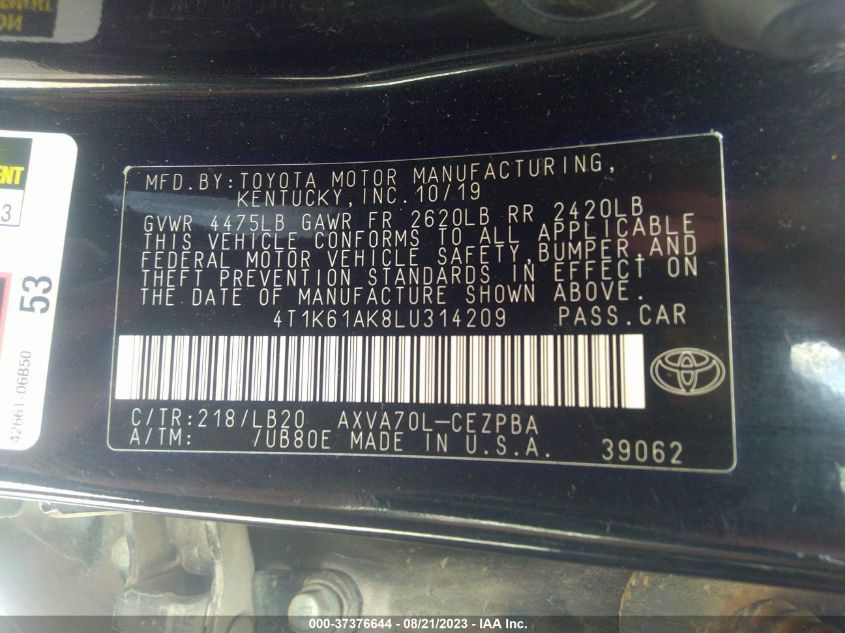2020 TOYOTA CAMRY XSE - 4T1K61AK8LU314209