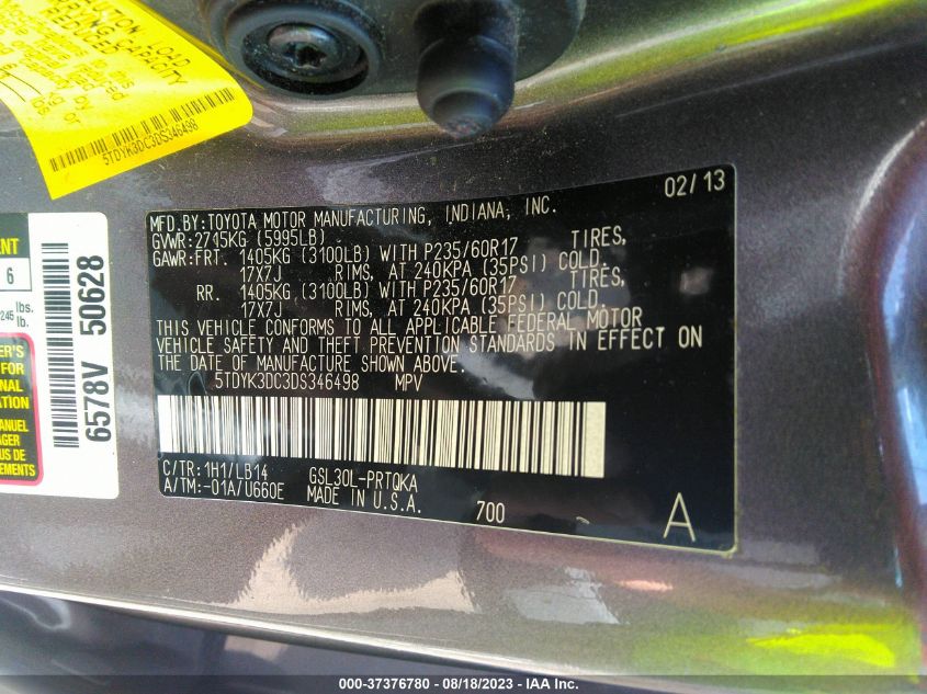 2013 TOYOTA SIENNA XLE AAS/XLE/LTD - 5TDYK3DC3DS346498