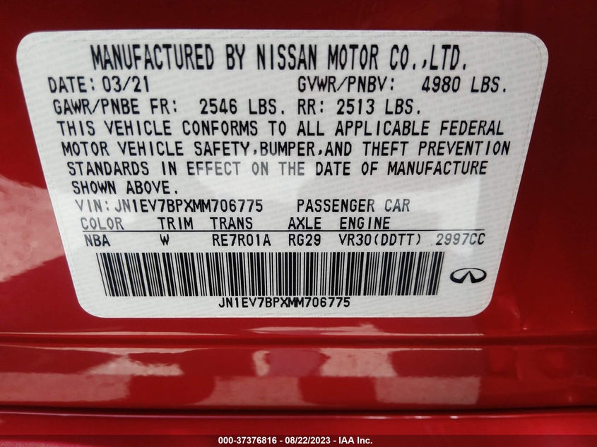 VIN JN1EV7BPXMM706775 2021 INFINITI Q50 3.0T LUXE