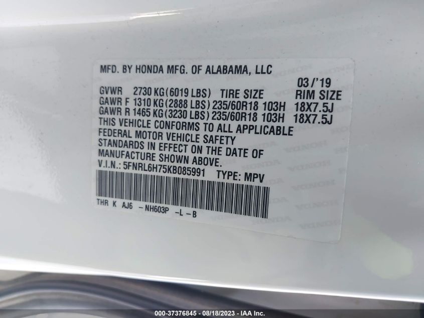 5FNRL6H75KB085991 Honda Odyssey EX-L 9