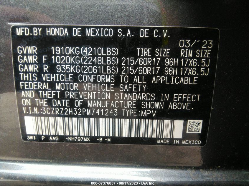 VIN 3CZRZ2H32PM741243 2023 HONDA HR-V LX