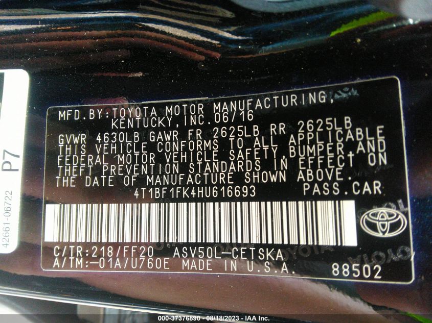 2017 TOYOTA CAMRY XLE/SE/LE/XSE - 4T1BF1FK4HU616693