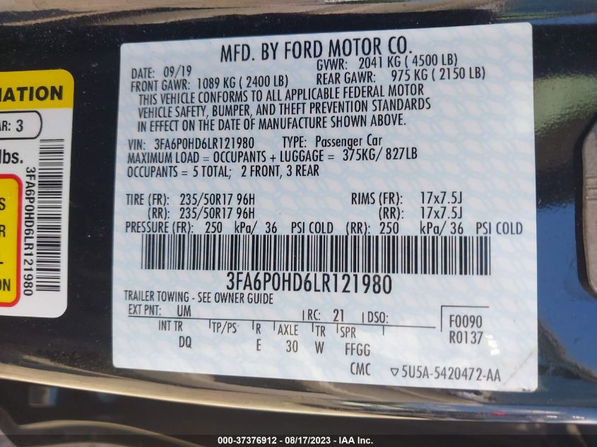 2020 FORD FUSION SE - 3FA6P0HD6LR121980