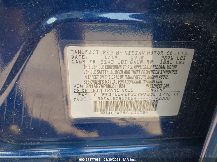 2019 NISSAN SENTRA SV - 3N1AB7AP8KL611924