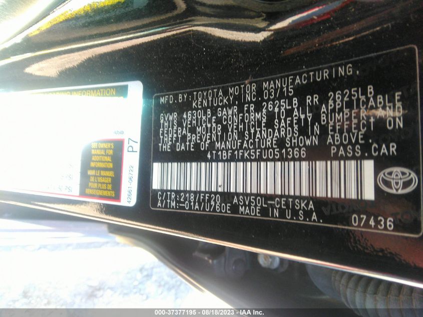 2015 TOYOTA CAMRY XLE/SE/LE/XSE - 4T1BF1FK5FU051366