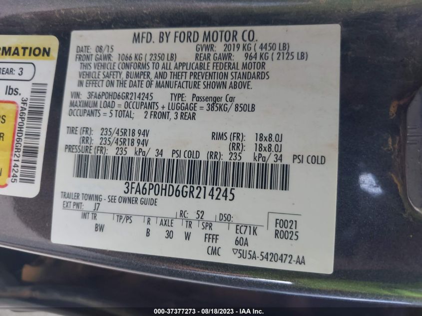 2016 FORD FUSION SE - 3FA6P0HD6GR214245