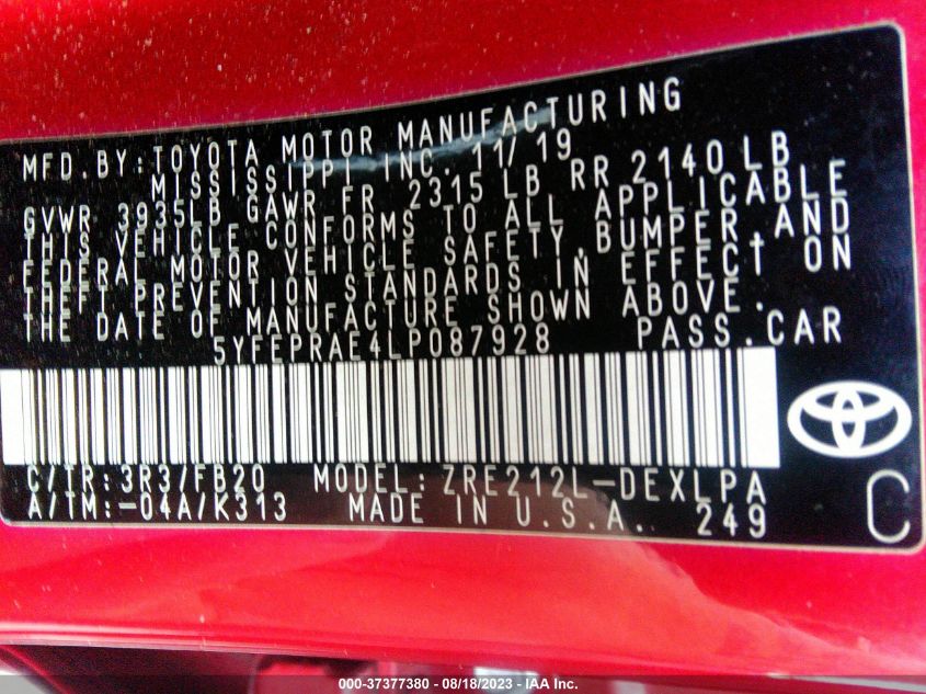 2020 TOYOTA COROLLA LE - 5YFEPRAE4LR087928