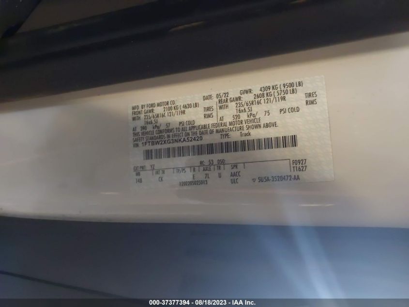 2022 FORD TRANSIT CARGO VAN - 1FTBW2XG3NKA52420