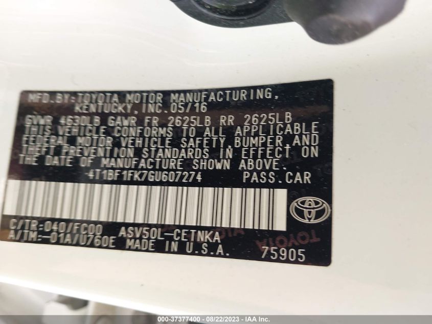 2016 TOYOTA CAMRY XLE/SE/LE/XSE - 4T1BF1FK7GU607274