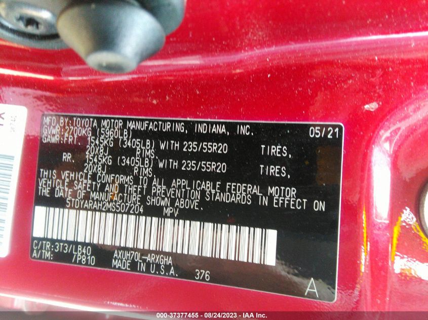2021 TOYOTA HIGHLANDER HYBRID - 5TDYARAH2MS507204