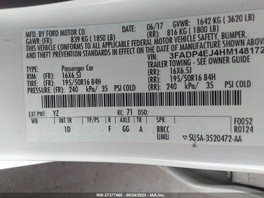 2017 FORD FIESTA SE - 3FADP4EJ4HM148172