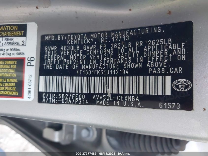 2014 TOYOTA CAMRY HYBRID LE/XLE/SE LIMITED EDITION - 4T1BD1FK6EU112194
