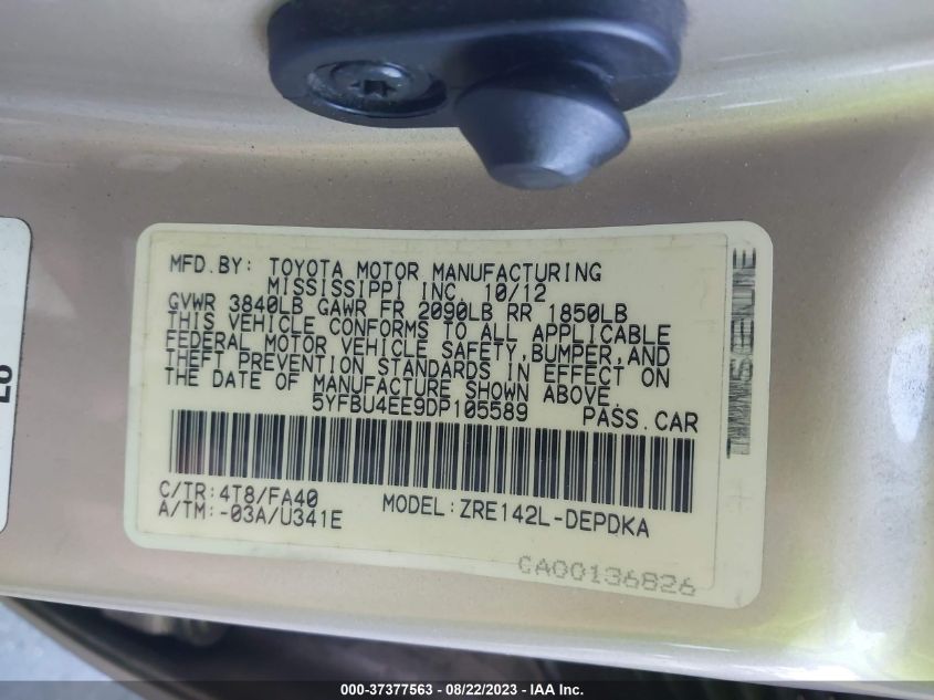 2013 TOYOTA COROLLA L/LE/S - 5YFBU4EE9DP105589