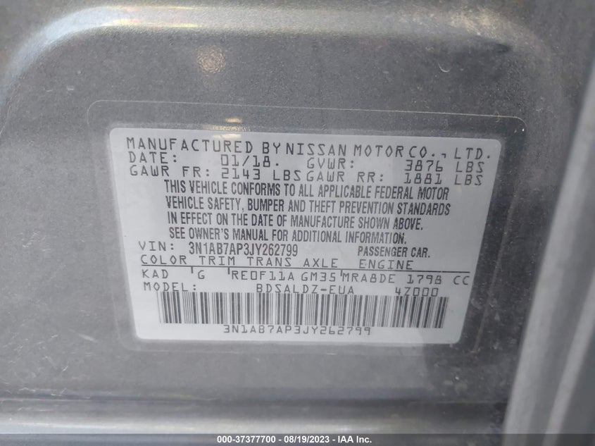 VIN 3N1AB7AP3JY262799 2018 NISSAN SENTRA S/SV/SR/SL