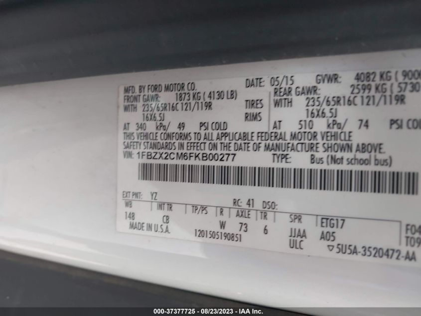 2015 FORD TRANSIT WAGON XL/XLT - 1FBZX2CM6FKB00277