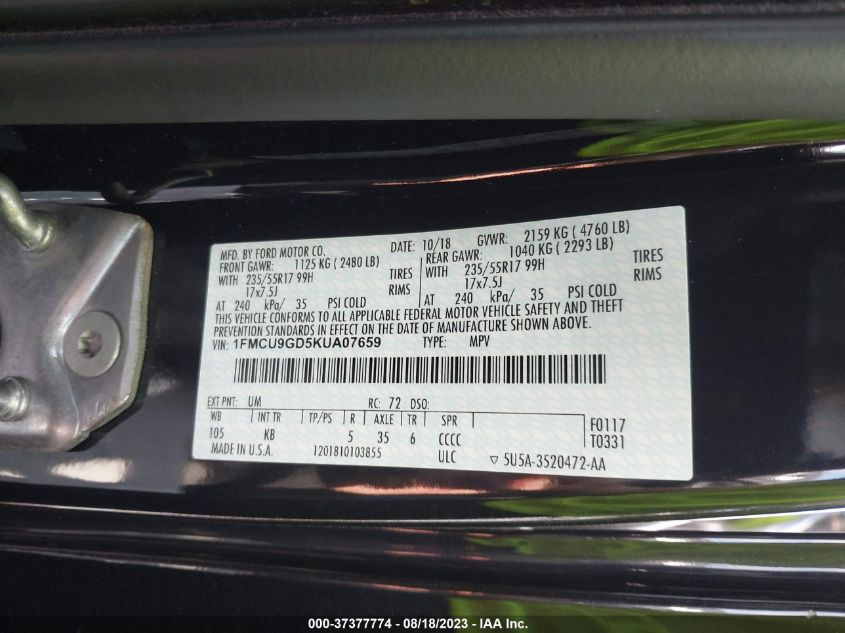 2019 FORD ESCAPE SE - 1FMCU9GD5KVA07659