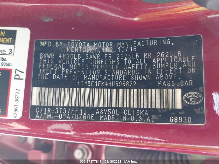 2017 TOYOTA CAMRY XLE/SE/LE/XSE - 4T1BF1FK4HU696822