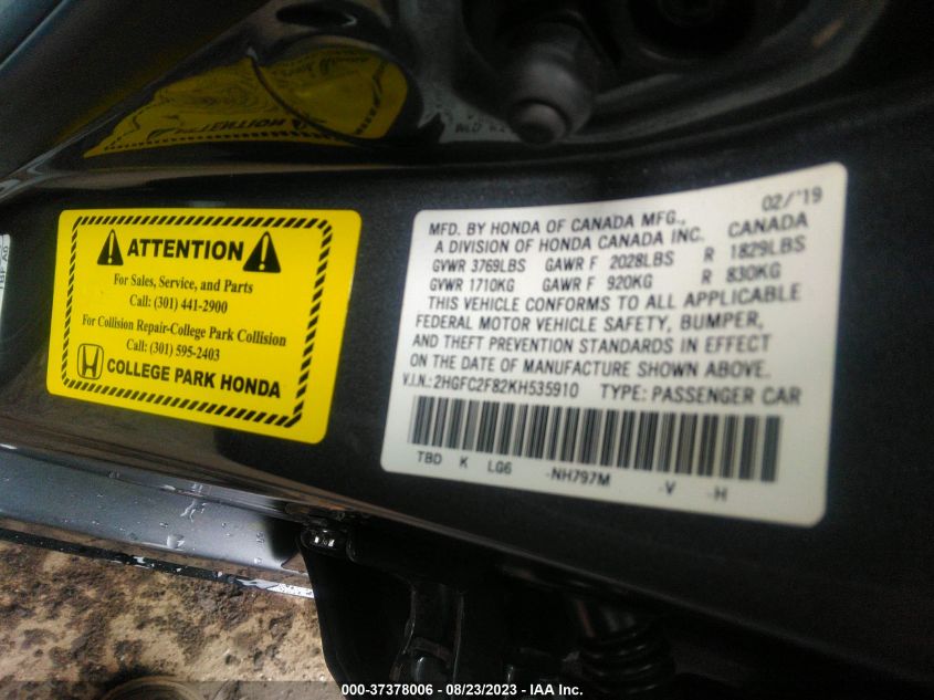 2019 HONDA CIVIC SEDAN SPORT - 2HGFC2F82KH535910