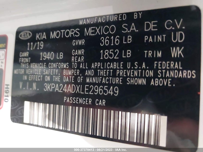 VIN 3KPA24ADXLE296549 2020 KIA RIO LX