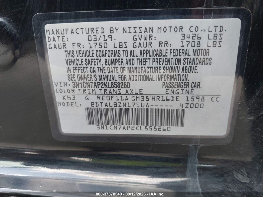 2019 NISSAN VERSA SEDAN SV 3N1CN7AP2KL858260