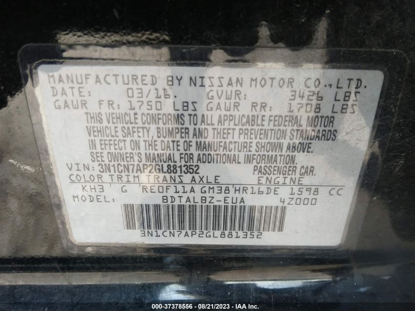 2016 NISSAN VERSA SV - 3N1CN7AP2GL881352