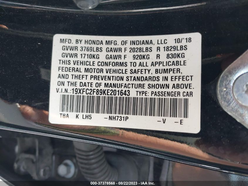 VIN 19XFC2F89KE201643 2019 HONDA CIVIC SEDAN SPORT