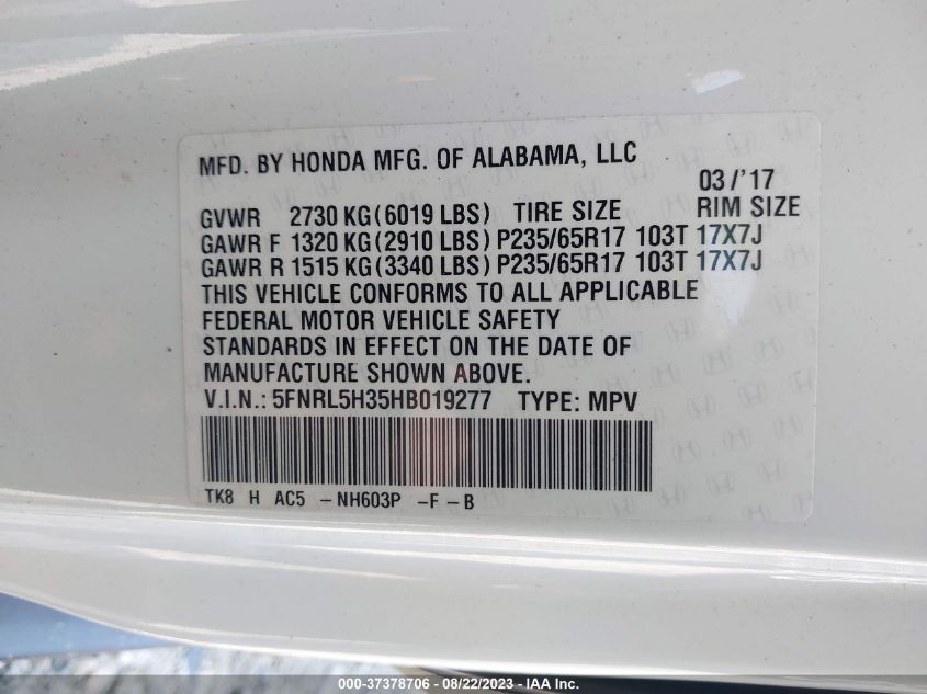 5FNRL5H35HB019277 2017 HONDA ODYSSEY, photo no. 9