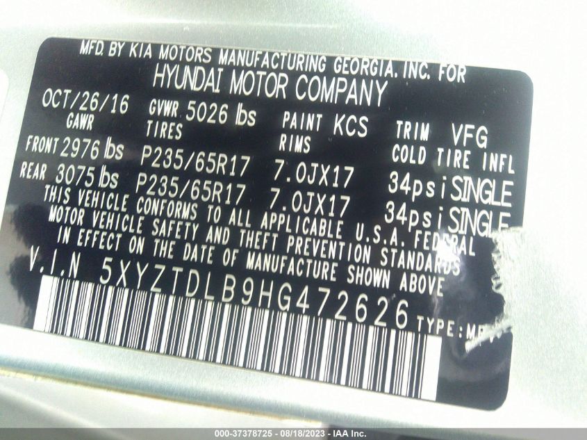 2017 HYUNDAI SANTA FE SPORT 2.4L - 5XYZTDLB9HG472626