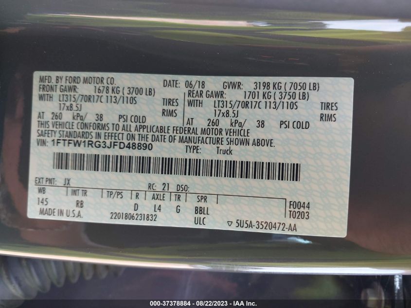 VIN 1FTFW1RG3JFD48890 2018 FORD F-150 RAPTOR