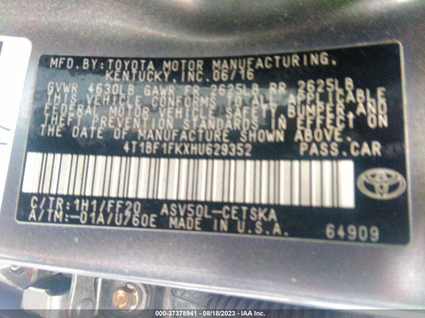 2017 TOYOTA CAMRY XLE/SE/LE/XSE - 4T1BF1FKXHU629352