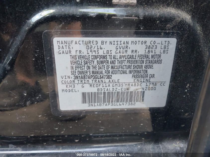 2016 NISSAN SENTRA SR/SL/S/SV/FE+ S - 3N1AB7AP3GL647382