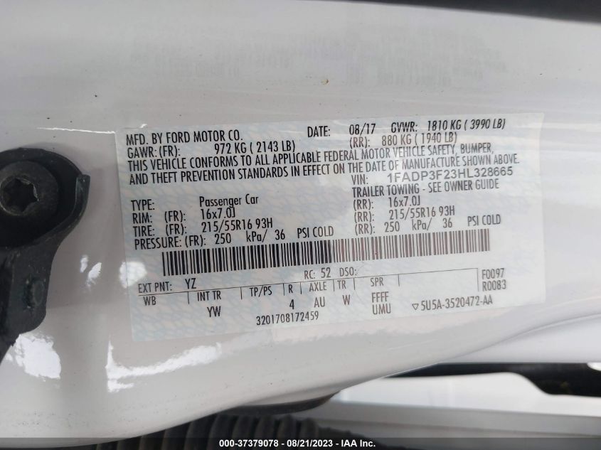 2017 FORD FOCUS SE - 1FADP3F23HL328665