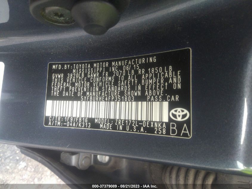 2015 TOYOTA COROLLA L/LE/S/S PLUS/LE PLUS - 5YFBURHE4FP351803