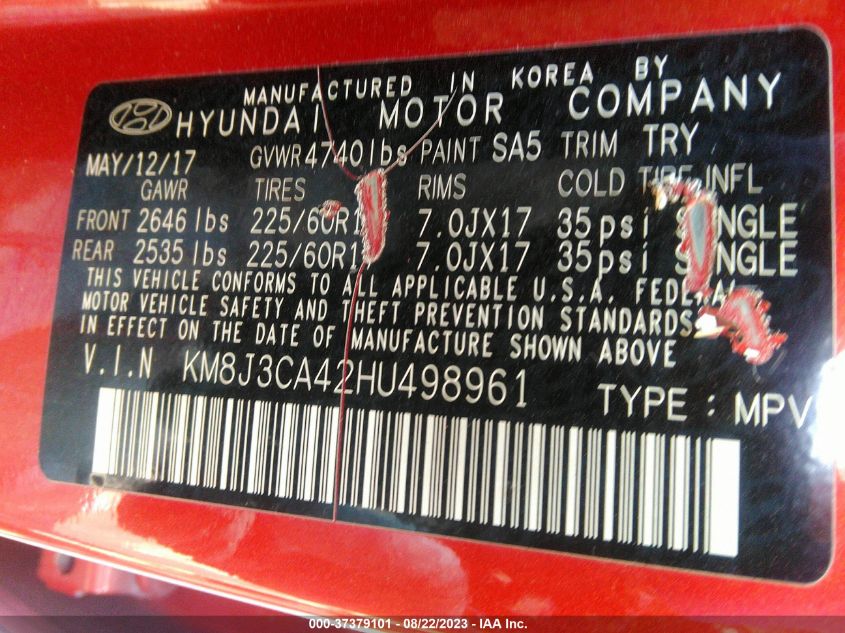 2017 HYUNDAI TUCSON LIMITED/SPORT AND ECO/SE - 0KM8J3CA42HU98961