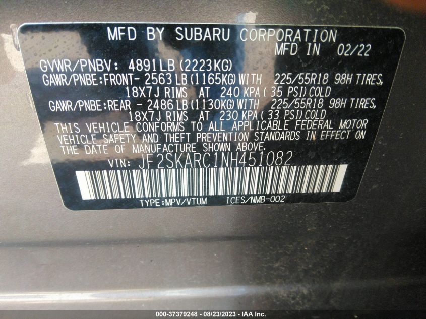 2022 SUBARU FORESTER TOURING - JF2SKARC1NH451082