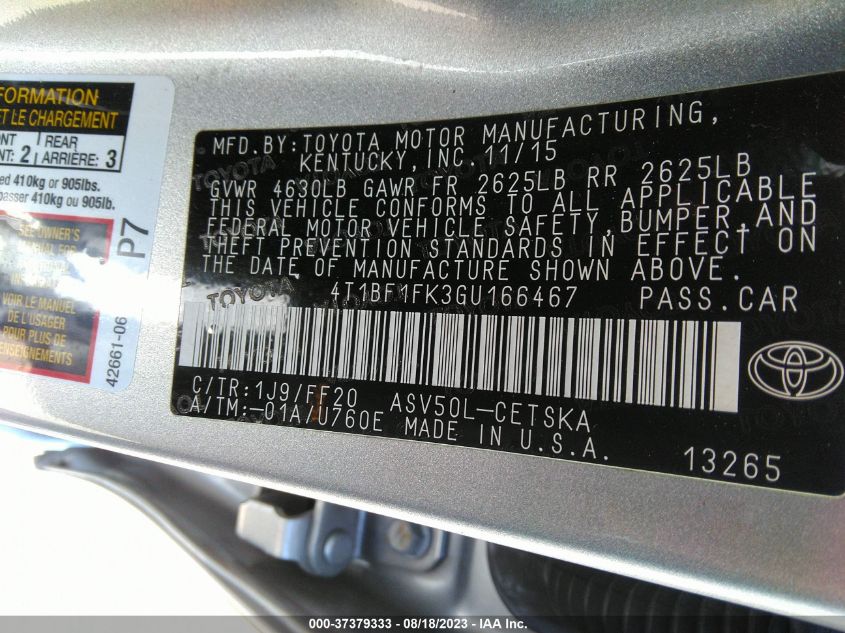 2016 TOYOTA CAMRY XLE/SE/LE/XSE - 4T1BF1FK3GU166467