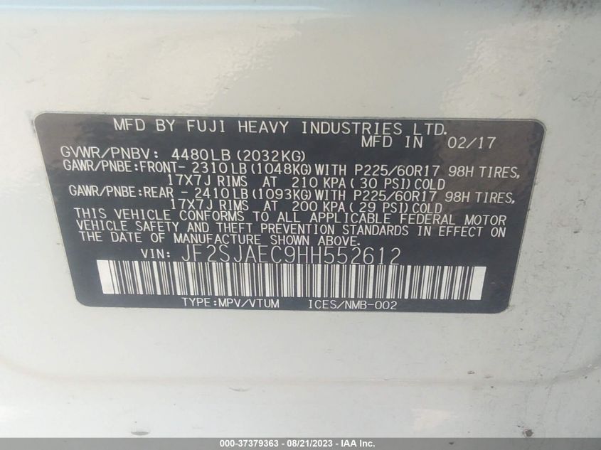 2017 SUBARU FORESTER PREMIUM - JF2SJAEC9HH552612