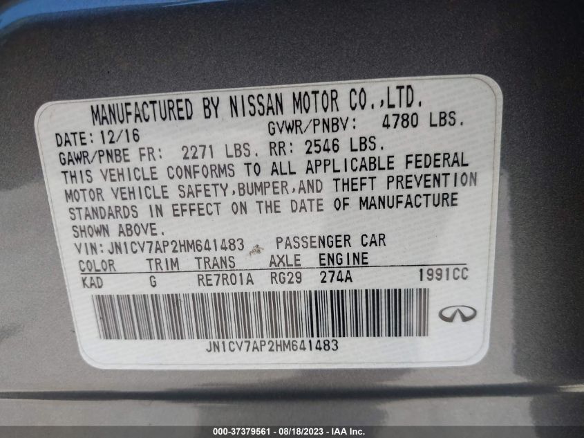 2017 INFINITI Q50 2.0T - JN1CV7AP2HM641483