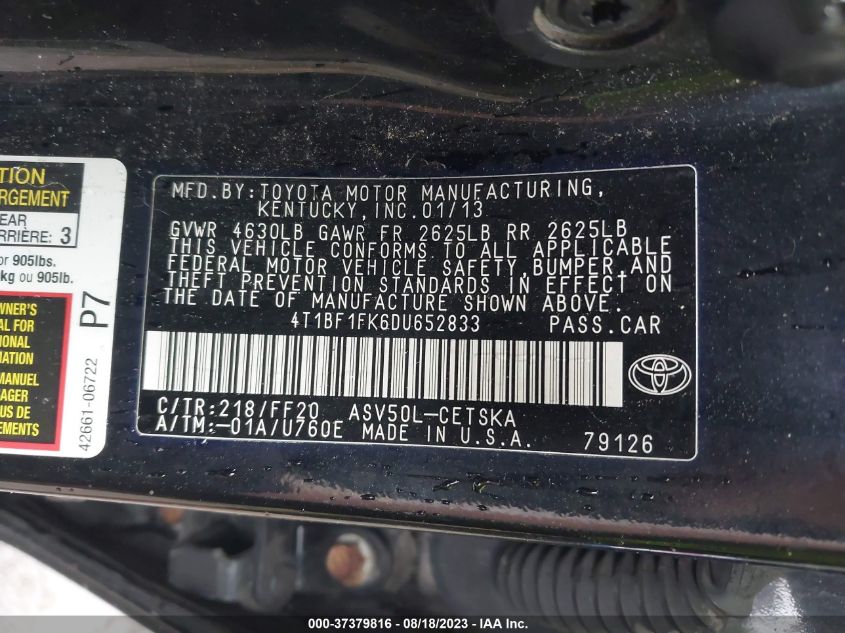 2013 TOYOTA CAMRY L/LE/SE/XLE - 4T1BF1FK6DU652833