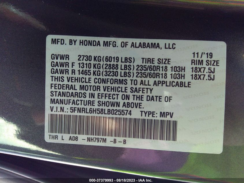 5FNRL6H58LB025574 Honda Odyssey EX 9