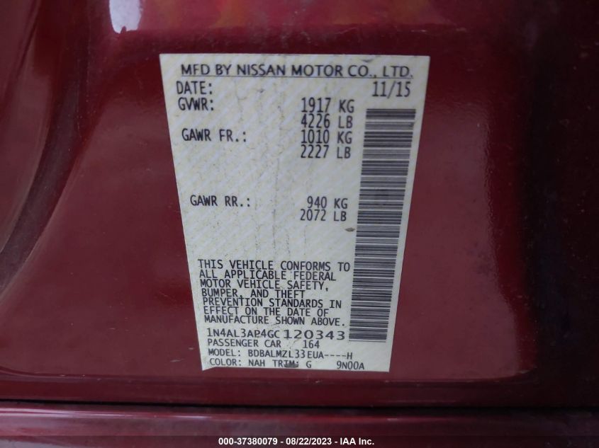 2016 NISSAN ALTIMA 2.5/S/SV/SL/SR - 1N4AL3AP4GC120343