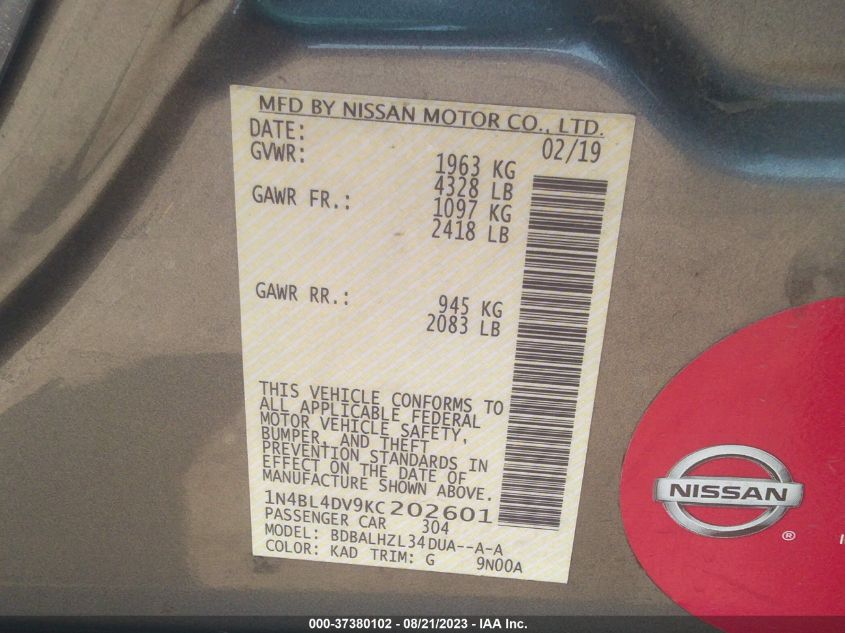 2019 NISSAN ALTIMA 2.5 SV - 1N4BL4DV9KC202601