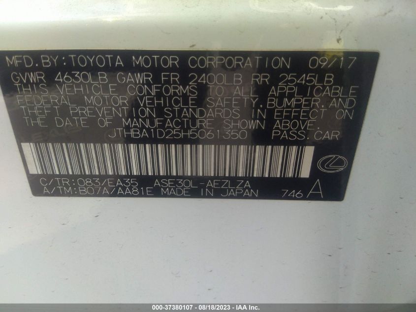 2017 LEXUS IS IS TURBO - JTHBA1D25H5061350