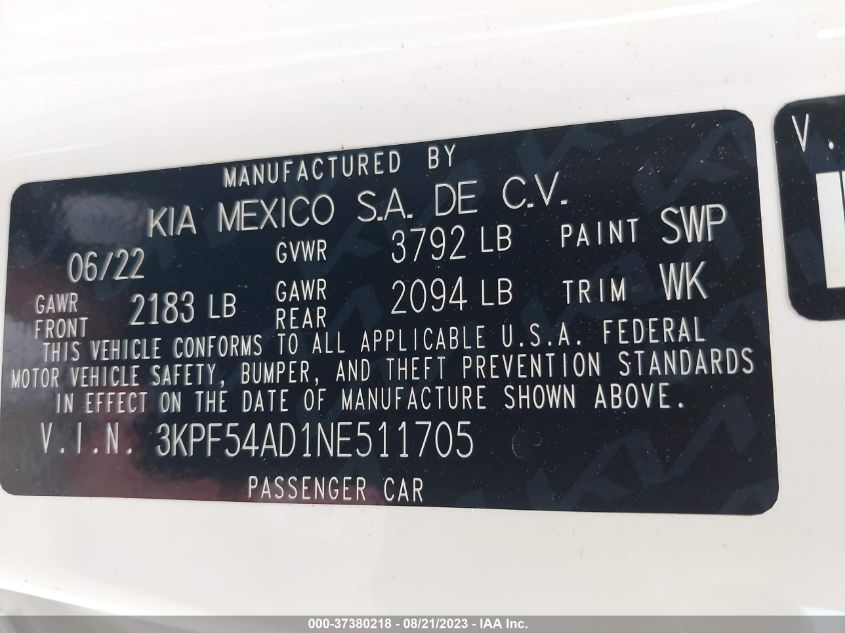 2022 KIA FORTE GT-LINE - 3KPF54AD1NE511705