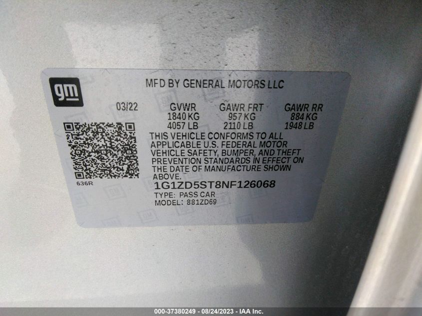 2022 CHEVROLET MALIBU LT - 1G1ZD5ST8NF126068