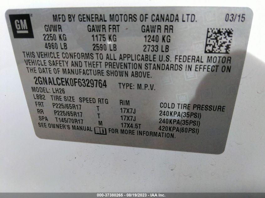 2015 CHEVROLET EQUINOX LT - 2GNALCEK0F6329764