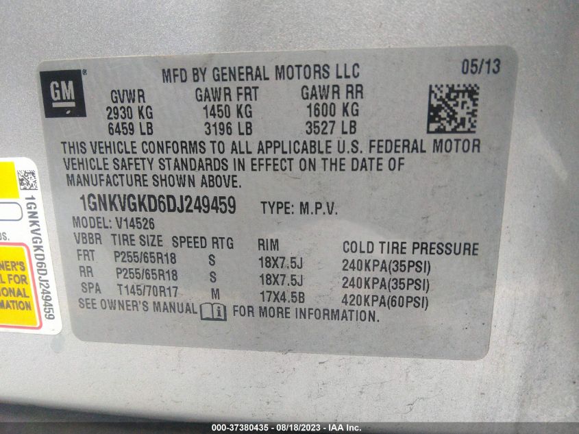 2013 CHEVROLET TRAVERSE LT - 1GNKVGKD6DJ249459