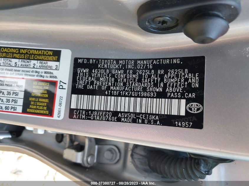 2016 TOYOTA CAMRY XLE/SE/LE/XSE - 4T1BF1FK7GU198693