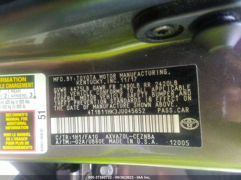 2018 TOYOTA CAMRY LE/SE/XLE/L - 4T1B11HK3JU045652